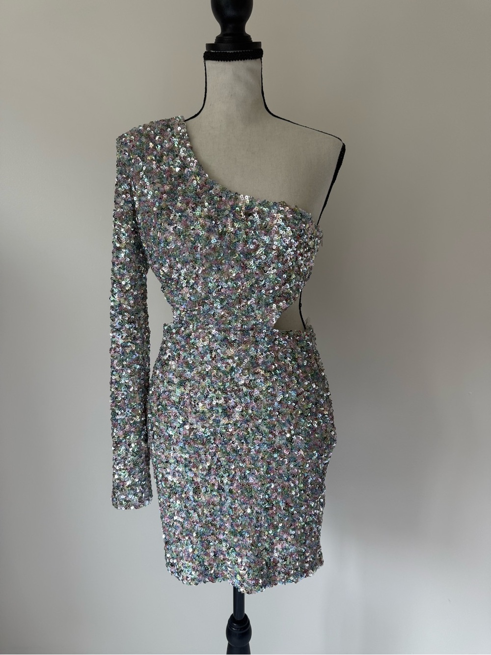 Fashion Nova Silver Iridescent One-Shoulder Sequin Mini Dress